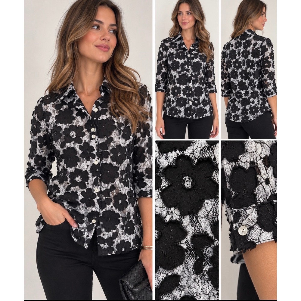 Dana Taylor Black White Floral Applique Lace Button Up Blouse Medium JLAB0101